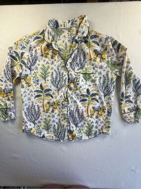 Printfresh Camel Party Pajama Top Long Sleeve Cotton Button Front Blue Yellow M